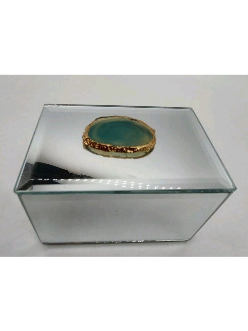 Mirror Glass Jewelry Box With Agate Stone On Top Small 2.5" H x 3.75" L x 2"w